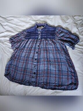 Anthropologie Maeve Blue Plaid Smocked Top with Red Accents